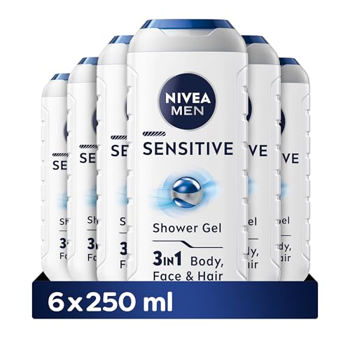 NIVEA MEN Sensitive Shower Gel Pack of 6 (6 x 250 ml) Alcohol-Free Sensitive Skin Body Wash Gentle Shower Gel Men with Bamboo Extract Body Wash for Men with Irritated Skin