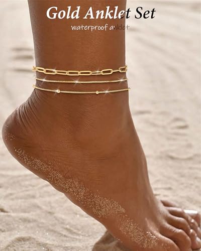 Image of ZHESHY Gold Silver Ankle Bracelets for Women 14K Gold Plated Anklets for Women Waterproof Cuban Link Heart Chain Anklets Set Non Tarnish Dainty Layered Anklet Bracelets for Women Summer Beach Jewelry