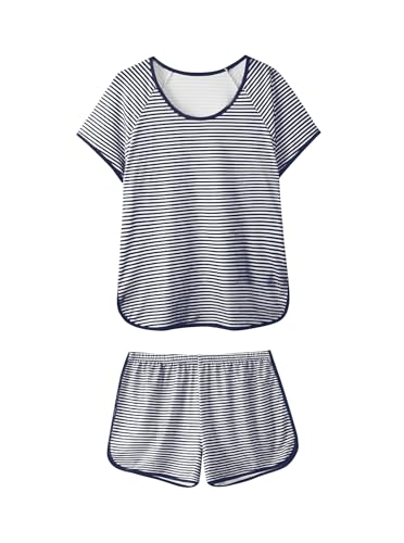 Image of Hilinker Women Striped Pajama Set Short Sleeve Top with Shorts Sleepwear Pjs 2 Piece Lounge Sets