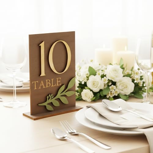 Image of Wedding Table Numbers 1-15 with Holders, Elegant Wood Table Numbers with Eucalyptus Leaves for Wedding Reception, Centerpiece Decoration, Event, Party