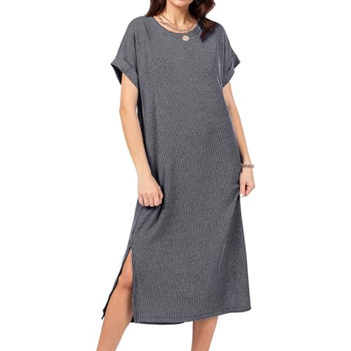 Image of Womens Casual T Shirt Dress Summer Fall Crewneck Loose Fit Side Split Knee Length Dress Ribbed Pattern with Pockets