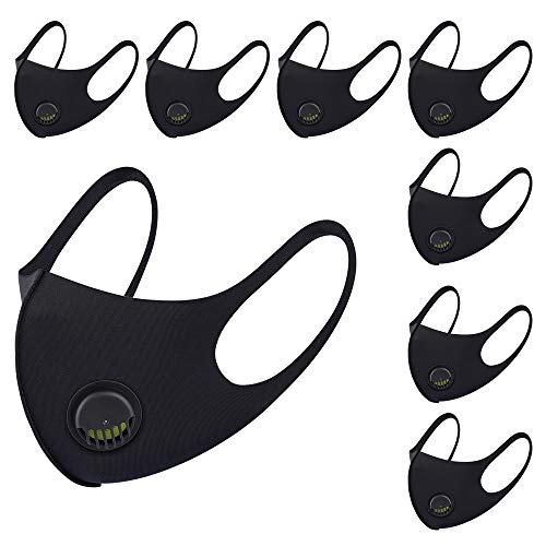 Preisvergleich Produktbild Atmungsaktive Gesichtsmaske aus Stoff, mit Luftventil und Ohrschlaufen, wiederverwendbar, weich, waschbar, langlebig für den täglichen Einsatz in der Öffentlichkeit, schwarz, 8 Stück