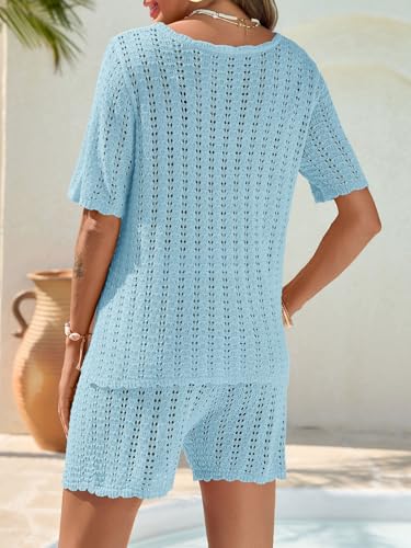 Saodimallsu Womens Crochet Swimsuit Cover Up Short Sleeve V Neck Knit Cardigan Shorts Sets 2 Piece Beach Outfits — view 6