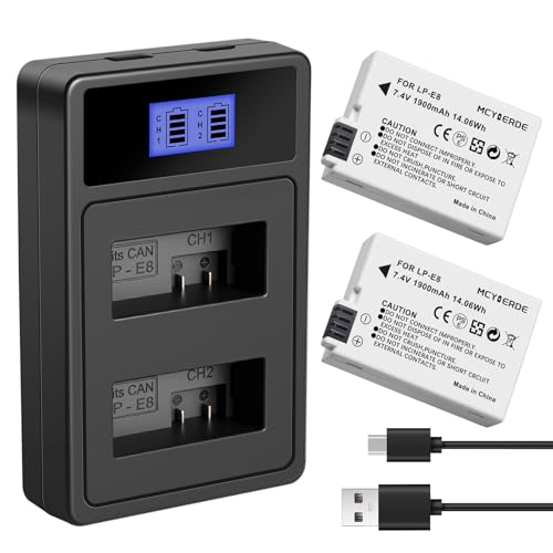 MCYIERDE 2-Pack LP-E8 Rechargeable Batteries with Dual Slot Charger Compatible with Canon EOS Rebel T2i T3i T4i T5i 650D 700D 550D 600D Kiss X4 X5 X6i X7i Digital Cameras (Not for T2 T3 T4 T5)