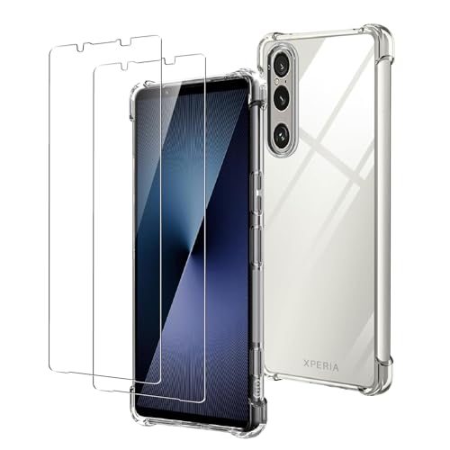 iCarez 対応 Xperia 1 VII SO-51F / XQ-FS44 / SOG15 ケース クリア (1個)+ ガラスフィルム (2枚) エクスペリア 1 VII 液晶 保護フィルム 気泡ゼロ 飛散防止 耐衝撃 米軍MIL規格 透明な背面 スマ