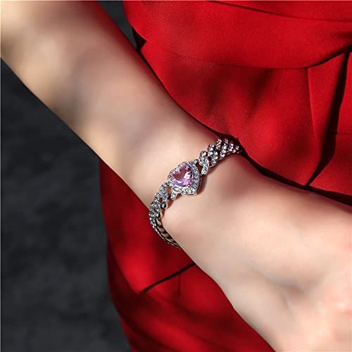 Apzzic 9Mm Miami Prong Cuban Link Chain Iced Out Paved Heart Shape Rhinestones Cz Bling Rapper Bracelet For Women Silver 8Inch Pink #TOP4