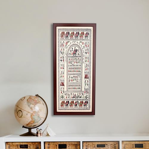 Image of Bhumee Creations Hand Printed Brown Saura Tribal Painting on Tussar Silk | Framed Artwork | Size 22 Inches X 10 Inches