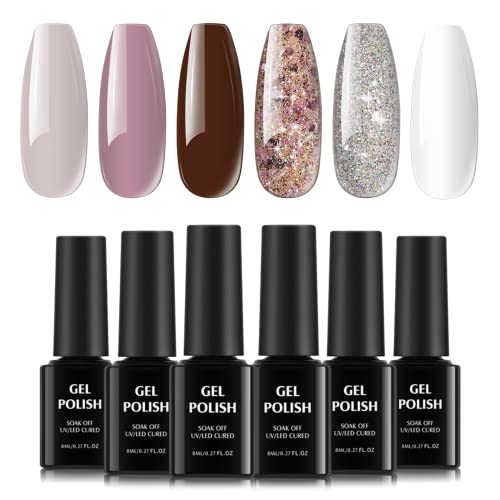 TOMICCA Vernis Semi Permanent, 6 Couleurs de Vernis en Gel Violet Caramel Pailleté Blanc, Vernis à Ongles en Gel UV Trempé, Kit de Manucure DIY Home Salon Nail Art Cover