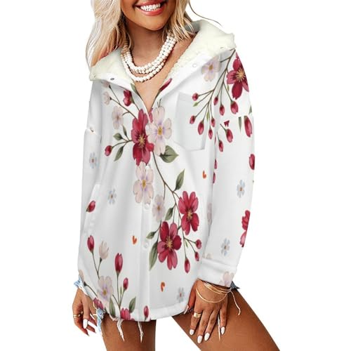 Blouson hiver femme à fleurs aquarelles avec veste à capuche polaire chaude rouge
