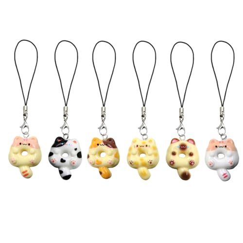 LJJINGXS 6 Pieces Cute Cat Donut Phone Charm Set,Kawaii Cat Phone Bag Charm Accessories Y2K PhoneStrap