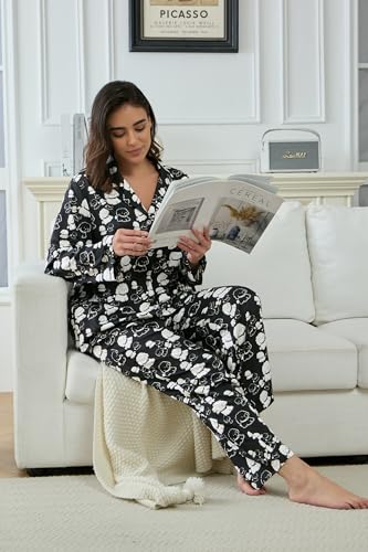 Image of YiNi LuLu Womens Silk Satin Pajamas Set Button Down 2 Piece Pjs Long Sleeve Oversized Sleepwear with Pockets