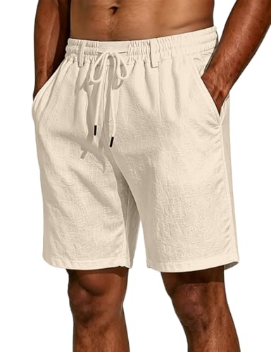 LINENNMAIN Mens Linen Shorts Lightweight Cotton Breathable Casual Shorts for Men Summer Beach Vacation Yoga Beige