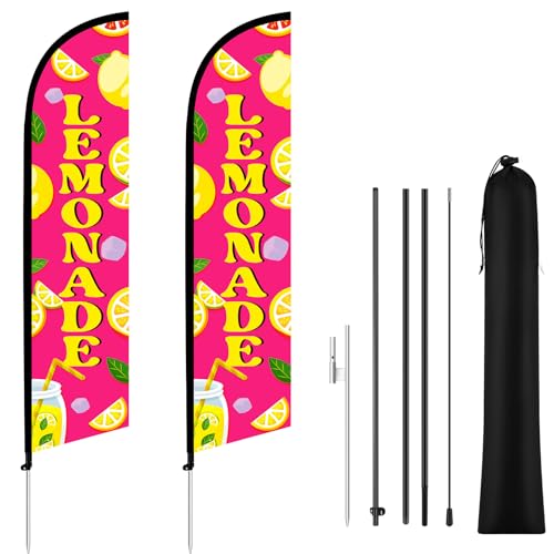 HunnmingRe 2 Set 15ft Pink Lemonade Feather Flag Kit, Large Advertising Swooper Flag Banner with Aluminum & Fiberglass Poles and Ground Stakes, High-visibility Outdoor Sign for Business, Store