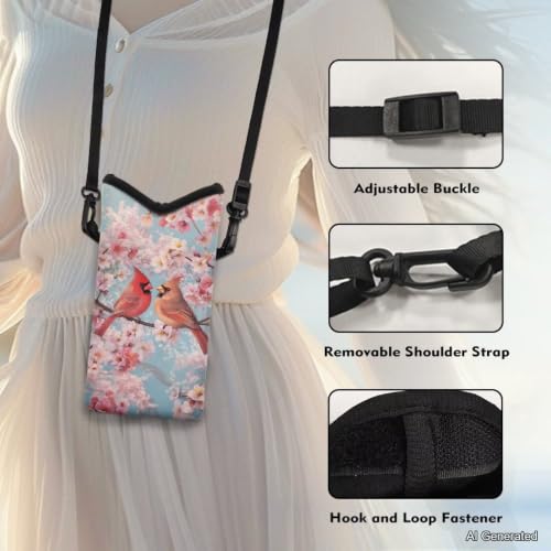 Image of Small Crossbody Bag for Women Men Waterproof Neoprene Phone Bag Pouch with Shoulder Strap Mini Travel Bag for Cellphone Keys Lipstick, American Red Cardinal Bird Peach Blossom