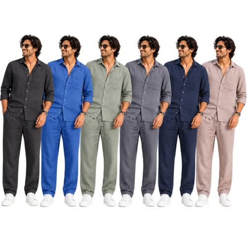 Image of Men's Premium Linen Co-Ord Set | Regular Fit Full Sleeve Solid Shirt with Drawstring Trouser | Breathable Linen Casual Outfit for Summer, Travel, Beach, Vacation & Daily