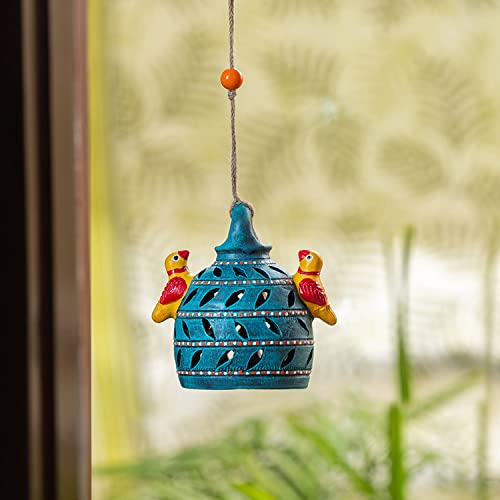 ExclusiveLane 'Beautiful Birdies' Handmade & Handpainted Terracotta Hanging Decorative Items for Balcony Garden Dcor, Blue and Multicoloured, (L * W * H) = (4.5 * 4.5 * 5.9) Inches, (El-021-201)