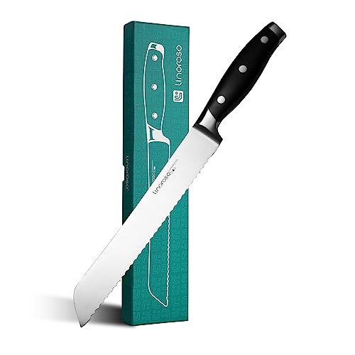 linoroso 8 Serrated Bread Knife for Homemade Bread with Elegant Gift Box, Full Tang Ultra Sharp Forged German Carbon Stainless Steel Bread Knives for Slicing Bread Bagels Cake - Classic Series