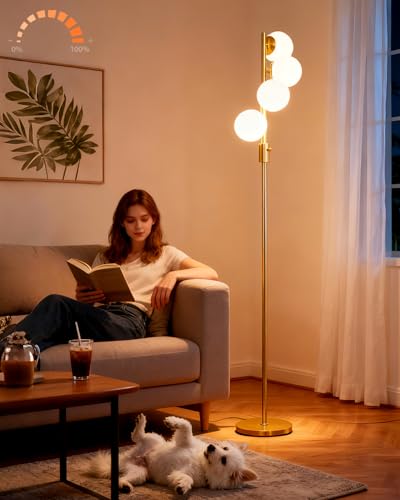 Image of Mid Century Modern 4 Globe Gold Floor Lamp, Dimmable Standing Lamp with 3000K Warm White Bulbs Included, Tall Ambient Floor Lamp for Living Room Bedroom Home Office Sofa Beside Corner Decor