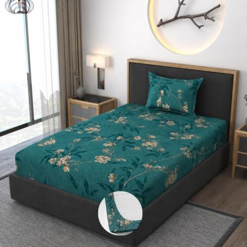 Image of Premium Heavy Cotton Elastic Fitted Bedsheets with 1 King Size Pillow Covers | Single Bed with All Around Elastic 350 TC | 36 x 78 x 6 Inch Single Size Fitted | - Green Flower