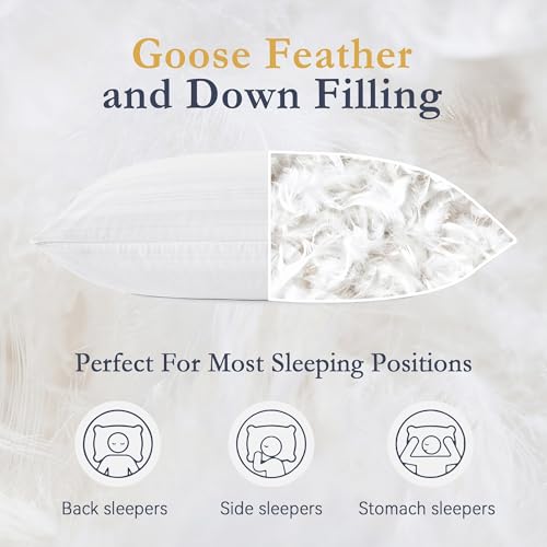 puredown® Goose Feather Down Pillows, Luxury Hotel Collection Bed Pillows for Sleeping Set of 2, 100% Cotton Cover with Silver Stripe, Standard Size