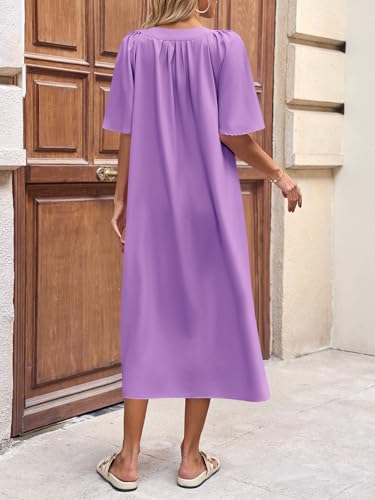 Image of Wenrine Womens Casual Maxi Dress Short Sleeve Loose Flowy Summer Dresses | flutter sleeve, v neck, loose fit, slit, long summer dress, beach, vacation