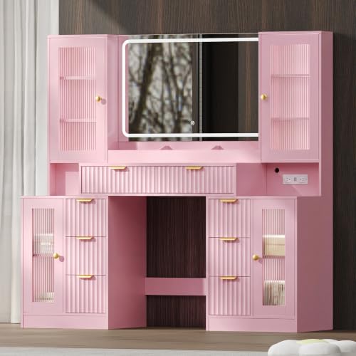 Image of 55 inch Makeup Vanity Desk with Mirror and Lights, Glass Top, Pink | Built-In Charge Station, 8 Drawers Large Storage, RGB Glass Cabinets & LED Mirror, Perfect Bedroom Vanity for Women & Girls