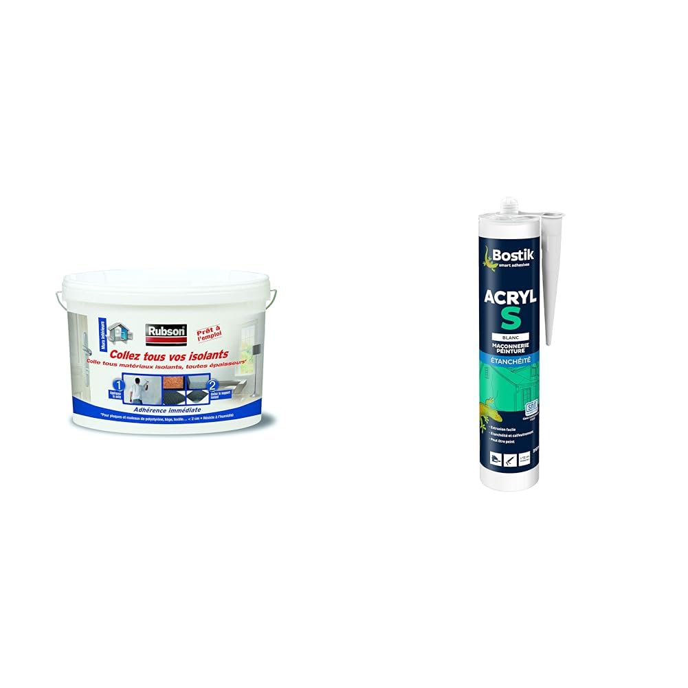 Rubson Collez Tous Vos Isolants, Multi-matériaux, Seau 7 kg & BOSTIK - 310.11418 - Mastic Acryl S Maconnerie/Peinture - 310 ml - Blanc