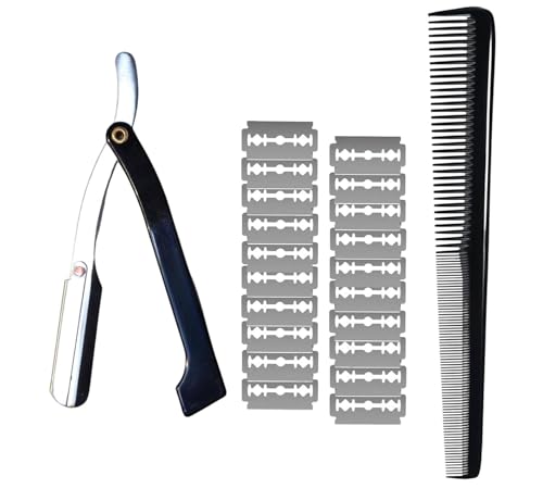 Image of Professional Barber Straight Edge Razor with Stainless-Steel Coated Blade Holder, 20 Double-Edge Blades & Styling Comb for Men, Perfect for Shaving, Beard Shaping & Salon Grooming Kit