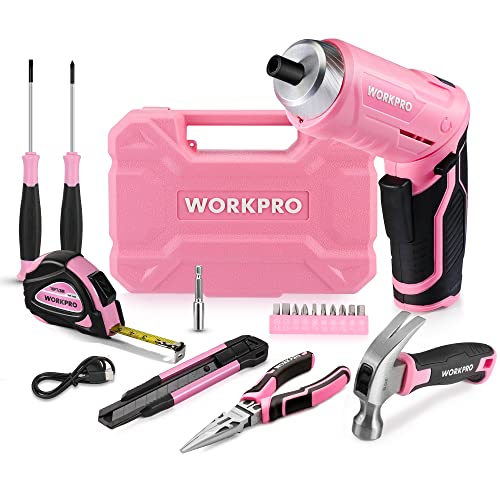 WORKPRO Werkzeugset Rosa pink 18 tlg. mit USB C Akkuschrauber klein, pinker Werkzeugkoffer gefüllt Haushalt…