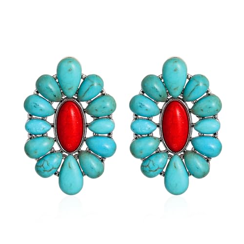Bohemian Turquoise Oval Flower Drop Dangle Earrings Vintage Geometric Ethnic