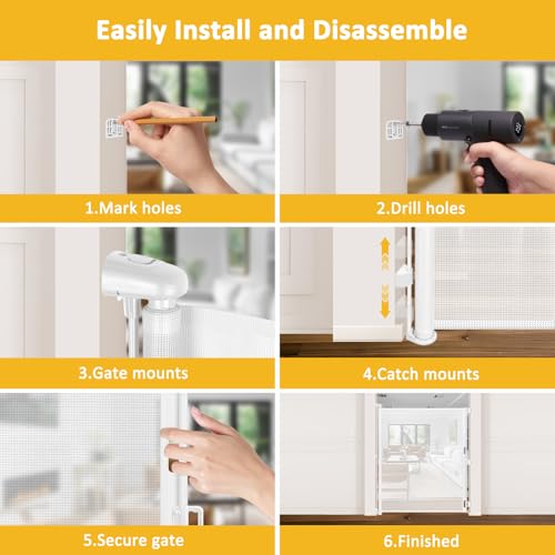 65” Extra Tall Baby Gate Retractable Pet Gate Indoor 55” Wide Retractable Dog Gate Outdoor Gate Retractable Gate Mesh Baby Gate Tall Dog Gates for Doorways Tall Retractable Baby Gates for Dogs, White