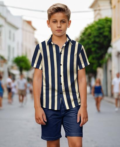Image of Weecreeture Boys Summer 2 Piece Outfits - Short Sleeve Button Down Shirt & Shorts Set - Navy Blue Beige Striped for 13-14 Years