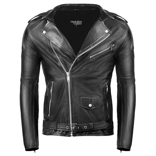 PAULGOS Herren Biker Lederjacke Echtes Leder Jacke Echtleder in 3 Farben Gr. S-7XL (DE/NL/SE/PL, Alphanumerisch, XXL, Regular, Regular, Schwarz)