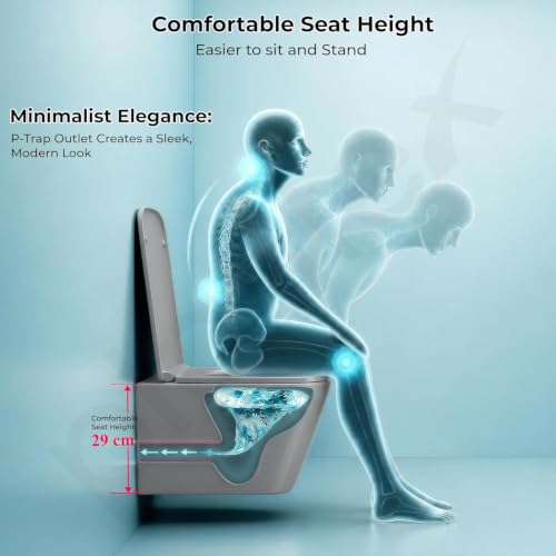 Image of Plantex Rimless Western Toilet /Imported Italica Ceramic Wall Hung Commode Toilet /Washdown Commode with Soft Closing Toilet Seat - P Trap (Square - Matt Light Grey)
