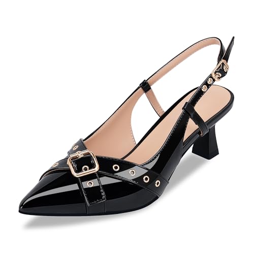 Women’s Pointed Toe Slingback Pumps – Fashionable Buckle & Studded Design Mid Heel Dress Shoes for Party Wedding Work