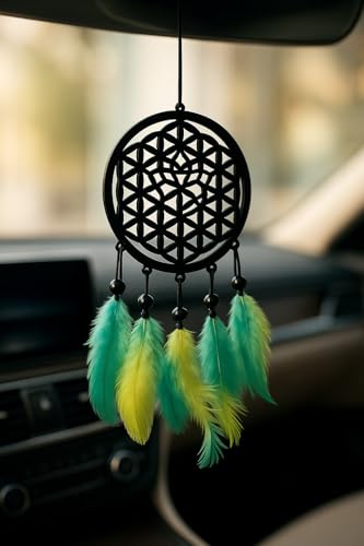 Image of Handmade Dream Catcher Car Ornament - Stylish Rear View Mirror Hanging Accessory - Elegant Car Interior Decoration - Good Luck & Positive Energy Charm (1, Flower of Life)