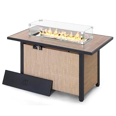Nuu Garden 43" Propane Fire Pit, CSA-Listed Outdoor Fire Pit Table, 50000 BTU Gas FirePit with Lid, Glass Wind Guard, Glass Beads, 2-in-1 Rectangular FirePit for Outside Backyard Patio, Light Brown