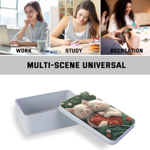 Image of Metal Tin Box with Lid,Multi-functional Storage Box Can Store Tea Biscuits Game Cards, Playing & Tarot Cards-Comes with 4 Magnetic Cord Clips,Cute Kittens Hugging