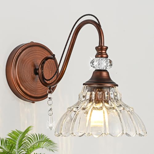 Image of 1 Piece Vintage Wall Sconce, 1-Light Matte Antique Red Bronze Finish Wall Sconce with Hanging Crystal Accents and Flower-Shaped Clear Shades for Bathroom Bedroom Living Room,Vintage Vanity Light