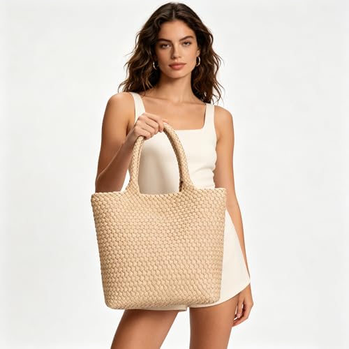 Image of BAGOK Woven Tote Bag for Women, Handwoven Vegan Leather Shoulder Bag with Clutch, Large Tote for Work, Travel & Beach