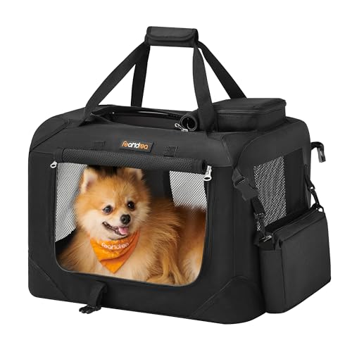 Feandrea Dog Crate, Collapsible Pet Carrier, S, Portable Soft Dog Crate, Oxford Fabric, Mesh, Metal Frame, with Handle, Storage Pockets, 50 x 35 x 35 cm, Black PDC50H