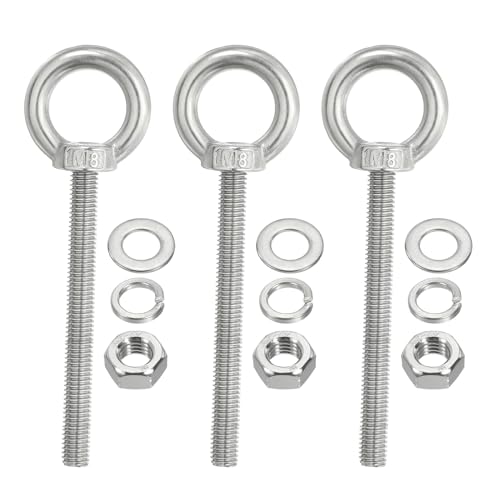 Image of PATIKIL M8 x 80mm Lifting Shoulder Eye Bolt, 3Pcs 304 Stainless Steel Lifting Ring Threaded Eyebolt with Nuts Washers for Hanging Hammocks Articles