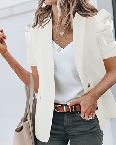 Newffr Women's Summer Blazers Casual Short Puff Sleeve Open Front Office Blazers Bussiness Jackets Work Suit White #TOP1