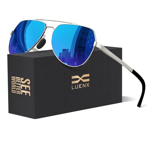 LUENX Men Women Aviator Sunglasses Polarized Shades Flexible Spring Hinge - Dark Blue Mirror Lens Silver Metal Frame 60mm