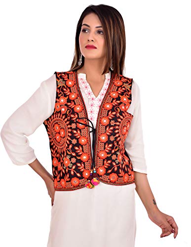Image of Craft Trade Women's Cotton Embroidered Kutchi Jacket with Tassels Sleeveless Mirror Work