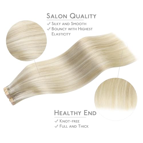 Image of WENNALIFE Tape in Hair Extensions Human Hair, 40pcs 100g 18 inch Ash Blonde Highlighted Platinum Blonde Hair Extensions Real Human Hair Straight Tape in Extensions Invisible Human Hair Extensions