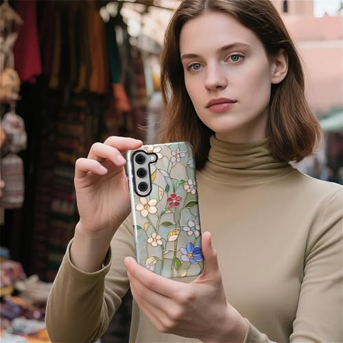 Wqwaxxc Compatible with Samsung Galaxy S23 Case,Glossy 2-in-1 Sleek All-Inclusive Dual-Layer Material Soft TPU + PC Back for Spring Floral Flower Stained Glass Mosaic Boho Botanical - image 5