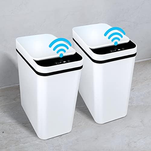 BIGEBAN 2 Pack Touchless Bathroom Trash Can with Lid, 2.5 Gallon Slim Smart Garbage Can, Automatic Motion Sensor Trash Can for Bathroom, Kitchen, Office, Bedroom, Living Room, Toilet (White)