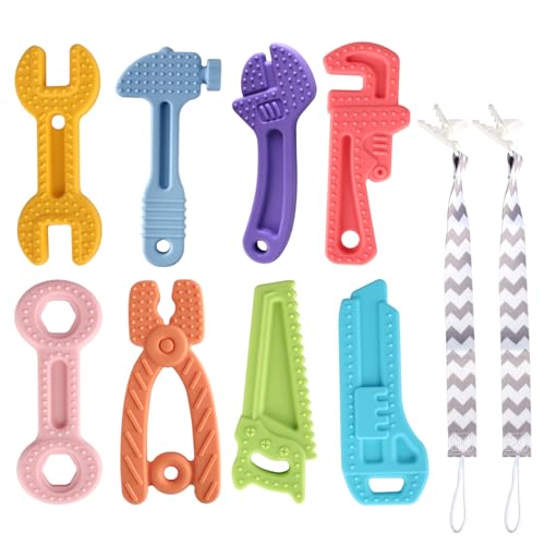 Image of Yinghezu 8 Pack Chew Baby Teething Toys for 0-12 Months, Freezable BPA Free Silicone Baby Molar Teether Chew Toys, Hammer Wrench Spanner Pliers Hand Saw Shape Baby Girl's Boy Car Seat Toy