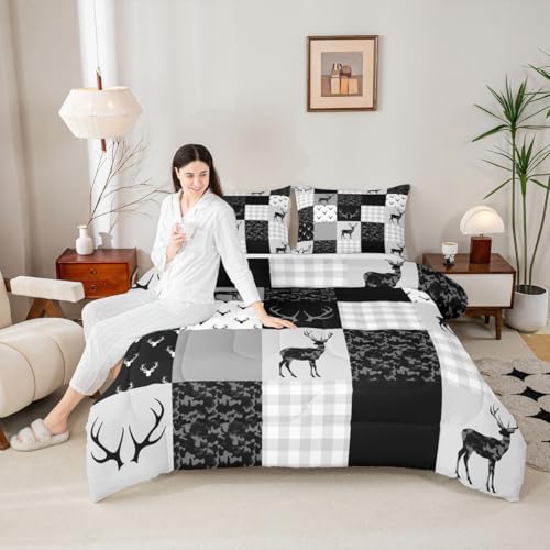 Manfei Camo Deer Comforter Set Queen Size, Black Grey Camouflage Bedding Set 3pcs for Kids Boys Teens Bedroom Decor, Wild Animal Reindeer Antlers Print Quilt Set with 2 Pillowcases